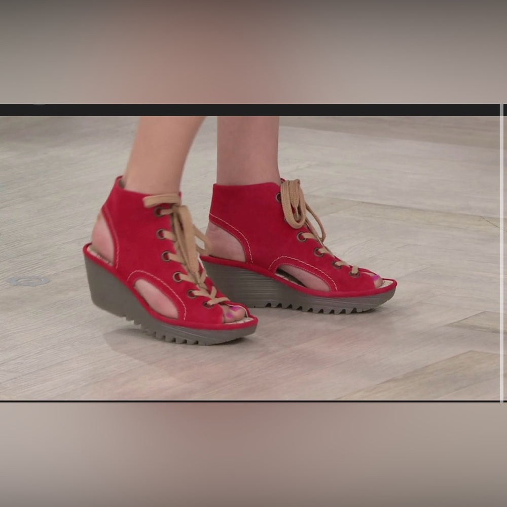 Fly London Red Suede Lace-Up Wedge Sandals